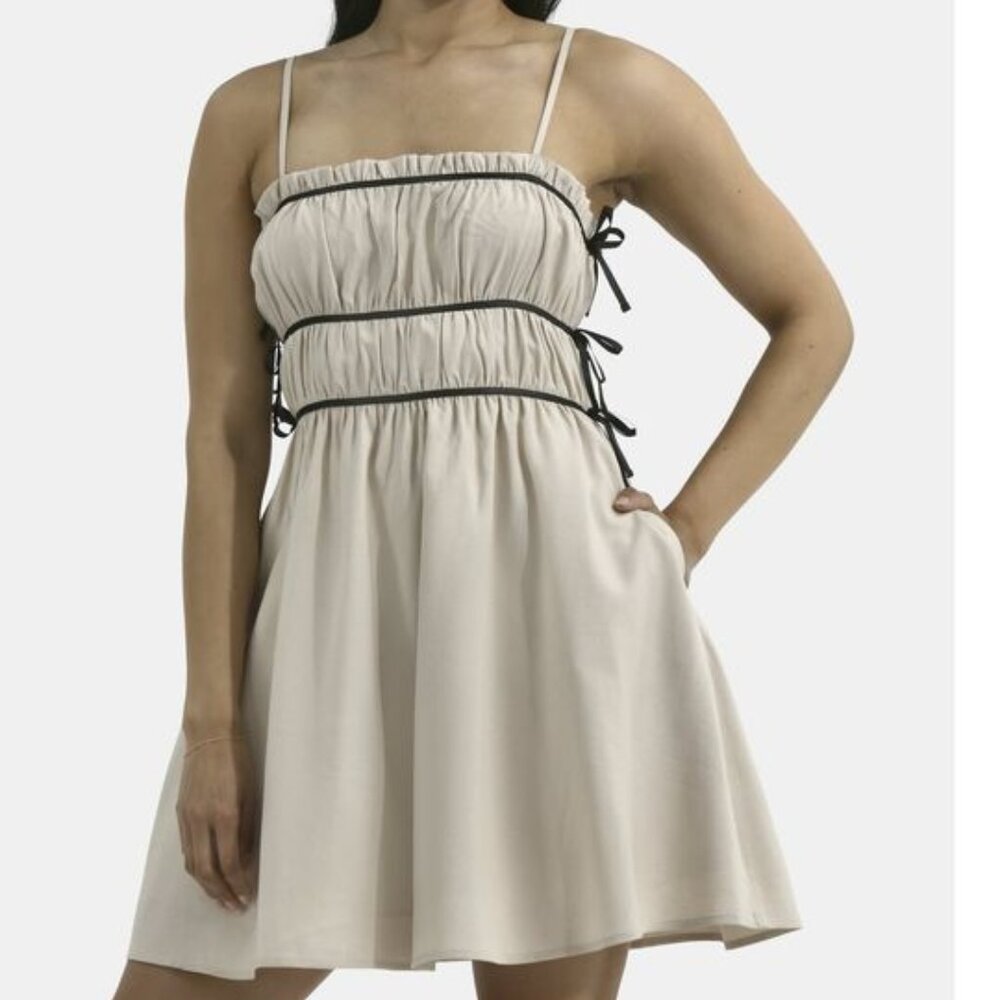 NWT, SZ M (8-10) Smocked Mini Dress w/ Black Ribbon Contrast, Ivory Beige